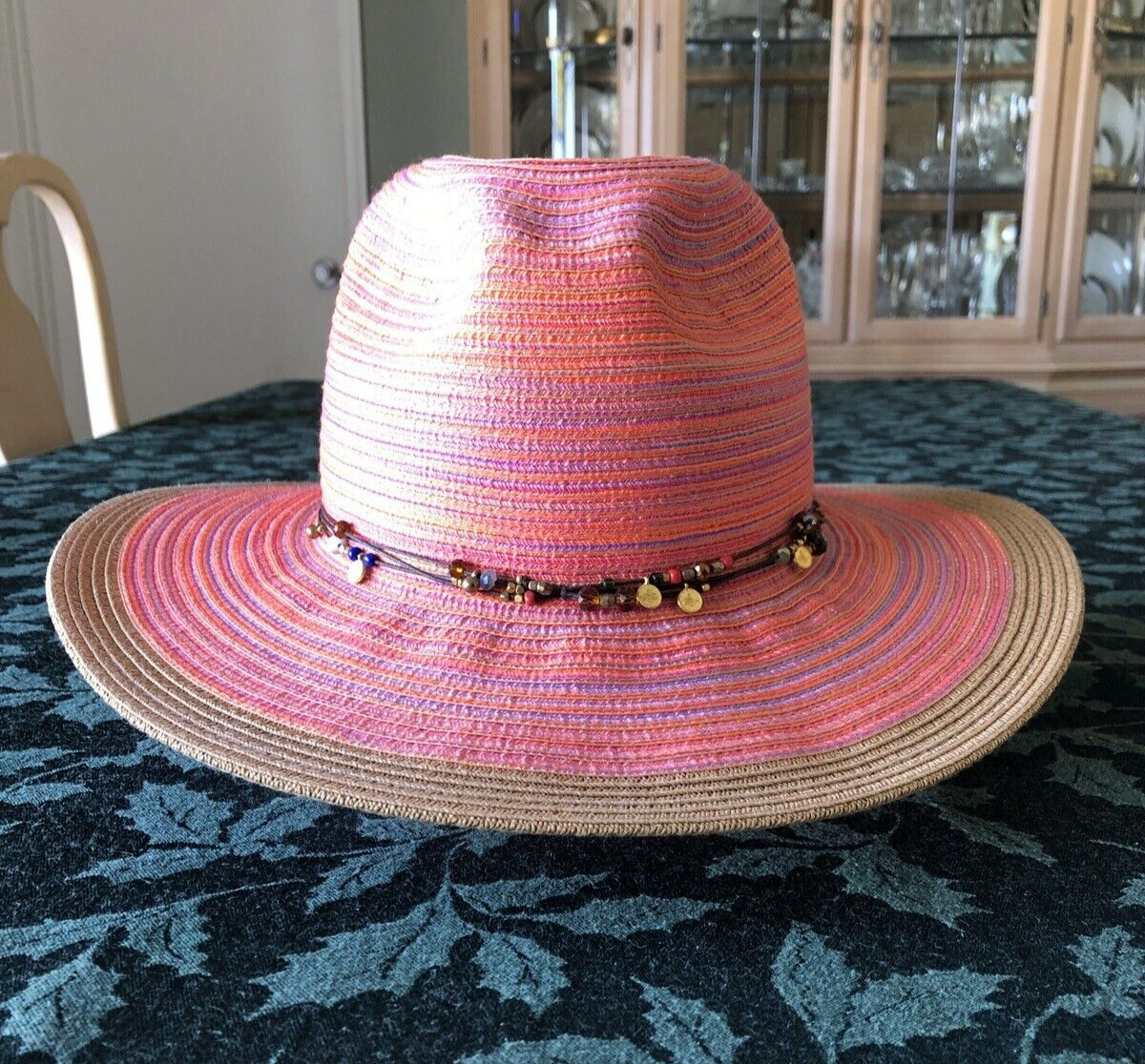 Women's Pink Sun Hat SUN N SAND Floppy Wide Brim Beaded Band Packable EUC