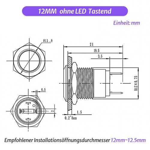 Ø12mm Metall Druckschalter Drucktaster LED Beleuchtet 3V 12V 220V /5A IP66 - Bild 10 von 33