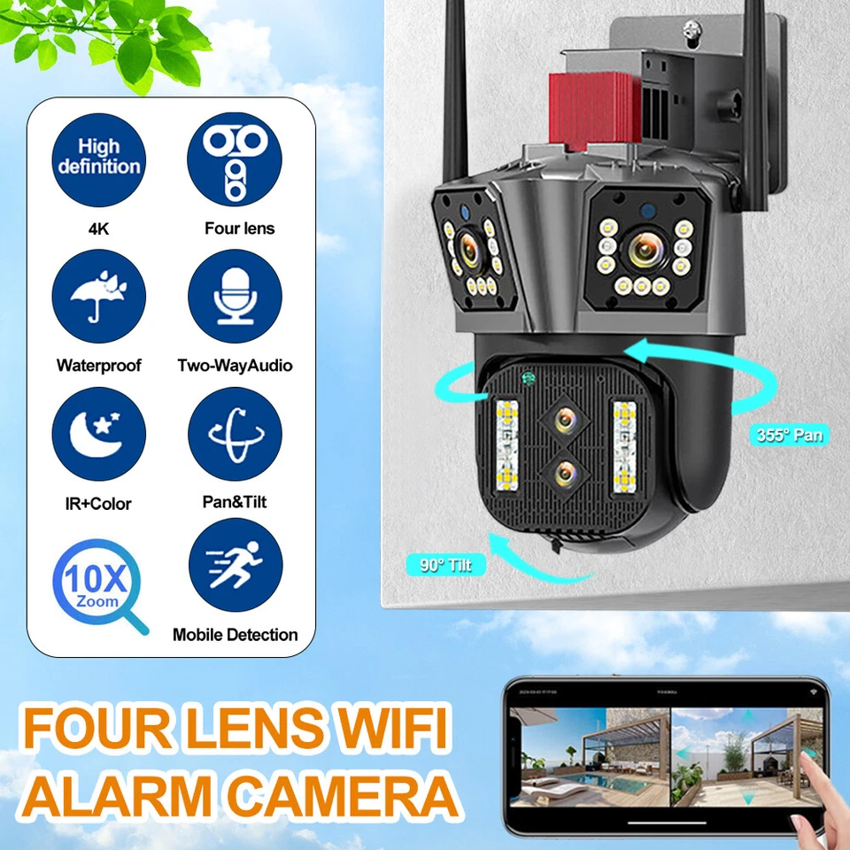 16MP 8K Four Lens IP Camera 10X Zoom PTZ WiFi Security Auto Tracking CCTV IR Cam - Image 3 of 4