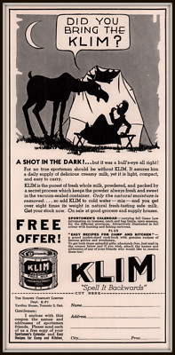 1937 AD KLIM  WHOLE MILK POWDER CARTOON MOOSE TENT TERRIFIED MAN BRING KLIM?