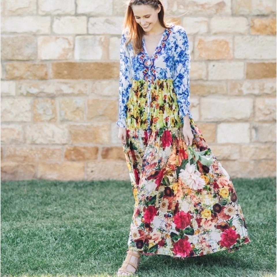 $440 рококо песок женщин шелк романтический цветочный длинным рукавом макси платье размер XS - Изображение 4 из 4