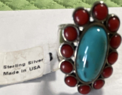 Handmade Native American Sterling Silver Turquoise Coral Ring Made in USA