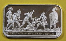 JANE McCRAE MURDERED  JULY: 1777 ~ COLUMBIA MINT ~ 1 OZT .999 SILVER BAR 89.00 per troy oz