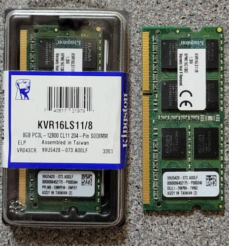 2x Kingston KVR16LS11/8 8GB 1600MHz PC3L-12800 DDR3 Laptop SODIMM SDRAM Memory