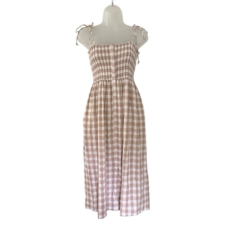 Aerie gesmoktes Midikleid mit Gingham-Karo beige Knopfleiste Sommerkleid Bindeband XS - Bild 8 von 8