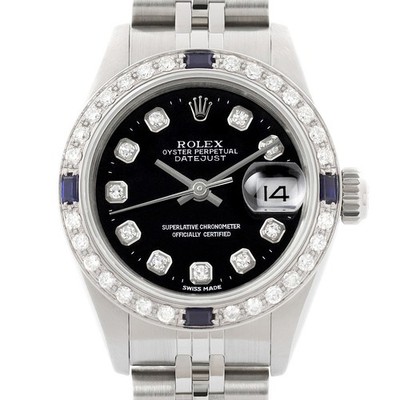 Rolex Datejust Schwarze Diamant Saphir 18K Weißgold & SS Jubilee Uhr 69174
