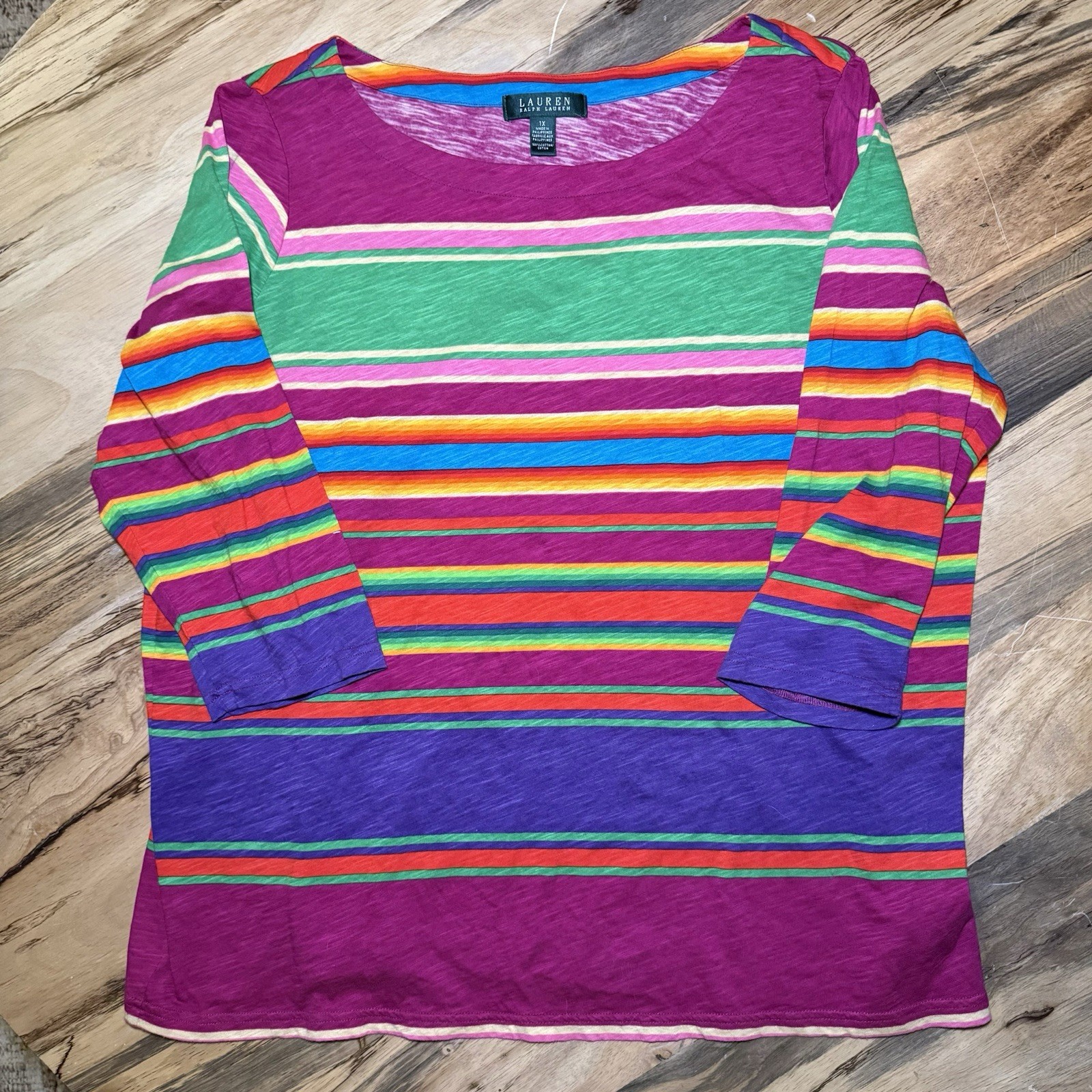 Lauren Ralph Lauren Multicolor Striped Knit Cotton 3/4 Sleeve Top Plus 1X