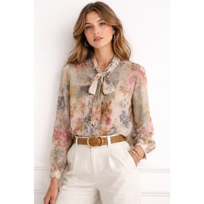 Deane Mel Tie Neck Sheer Blouse Women Small Petite Off-White Floral NWT