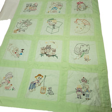 Handmade Embroidered Patchwork Baby Blanket Cottage Core Green nursery rhymes