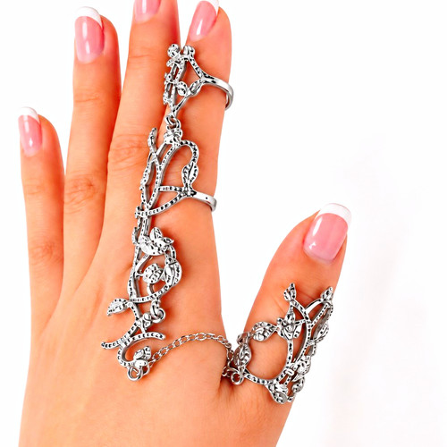 Silver Tone linked multi-finger ring / articulated statement ring