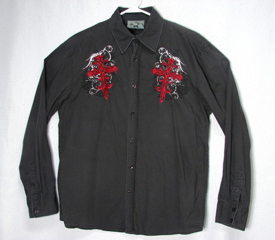Y2K Roar Sovereign Authority Gray Cross Embroidered Button Front Shirt Mens XL