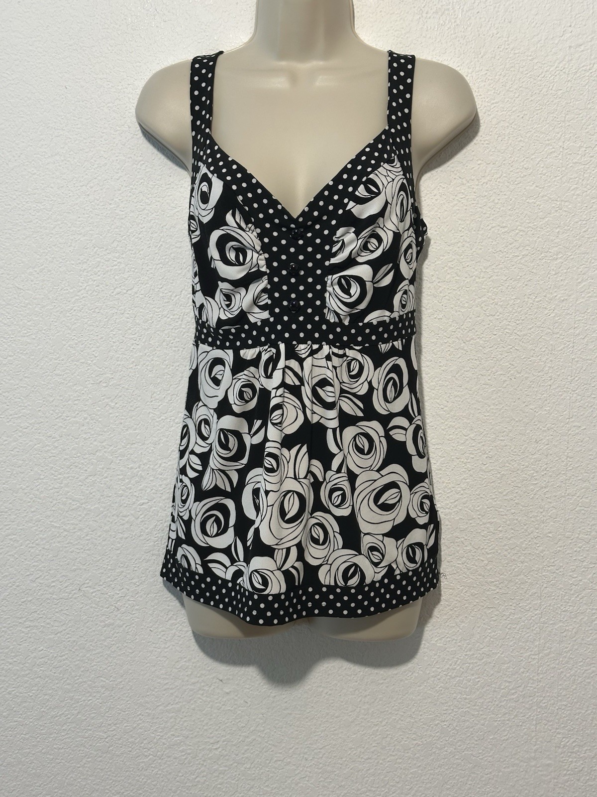Vintage Y2K Babydoll Tank Top Sz L Black White Floral Boho Made in USA