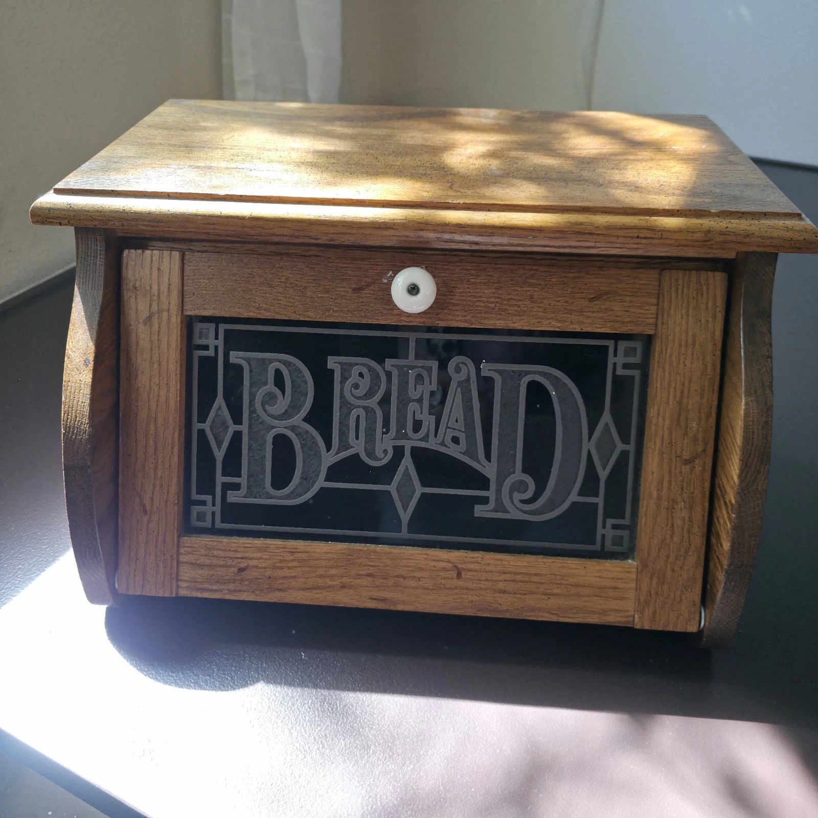 Cornwall Wood Bread Box Black Glass Drop Front 1970's Vtg Country Kitchen USA
