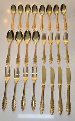 24 Pcs Gorham Medici Present Stainless Gold Electroplate Flatware Set