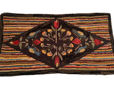 Primitive Floral Striped Medallion Hand Hooked Wool 41x22 Rug Wall Hanging