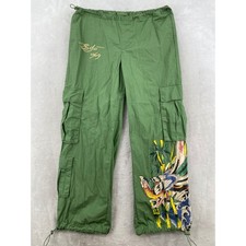 Ed Hardy Cargo Pants Womens Small Green Y2K Tattoo Graphic Relaxed Bungee Cuffs