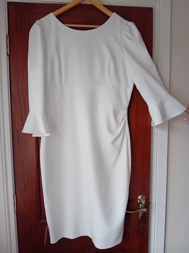 OFF WHITE Abito Pretty Dress Company nuovo con etichette bianco sporco crepe completamente foderato taglia 18 adatto come 14