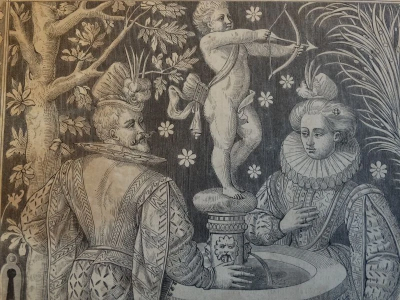 Gabrielle dEstrées Heinrich IV. am Brunnen - Kupferstich Kostüm Barock -17. Jh. - Bild 2 von 3