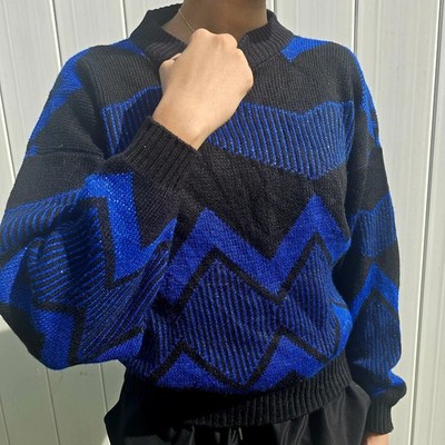 Vintage 80s Burlington Blue Black Geometric Sweater Lurex Knit Made in USA Large