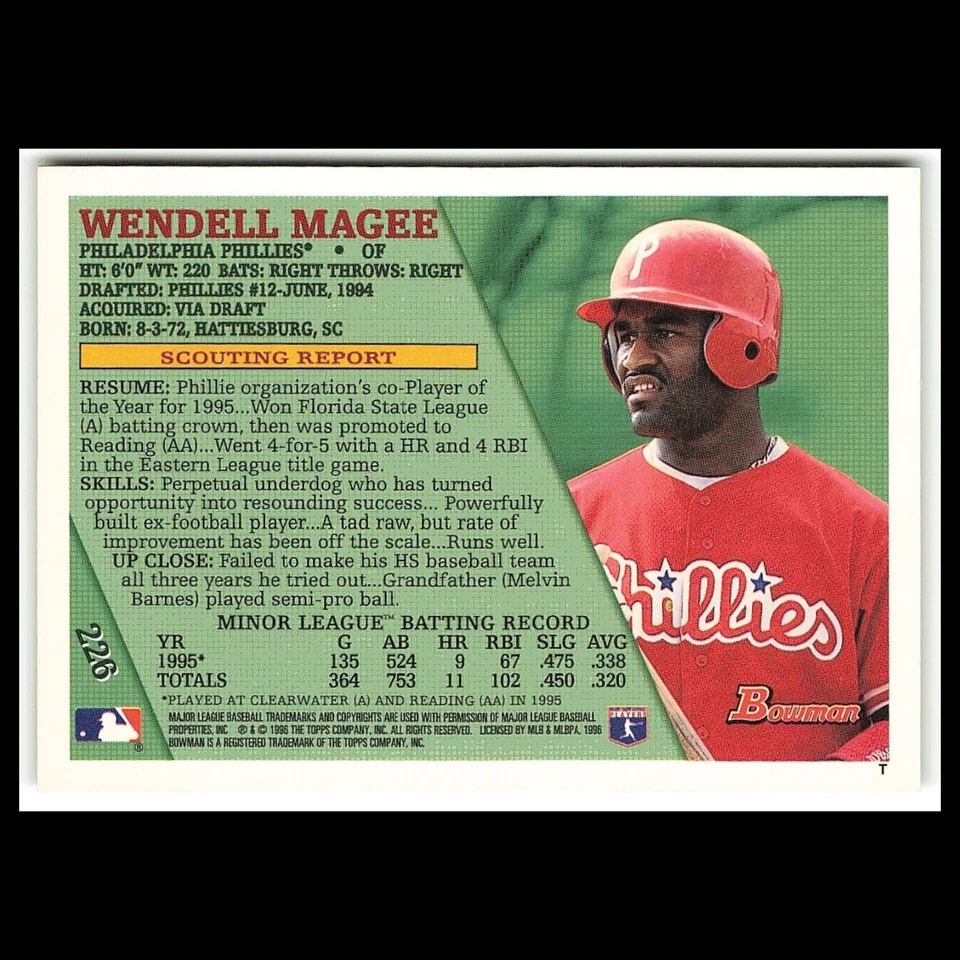 Wendell Magee Rookie #226 1996 Bowman Philadelphia Phillies Baseball Card MLB NM - Image 2 of 3