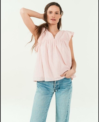 Faherty Womens Medium Babydoll Top Cotton Gauze Flutter Sleeve V Neck Pink