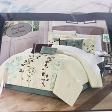 Chic Home Design Bliss Garden 8 Piece Comforter Set Queen Embroidered Aqua Brown
