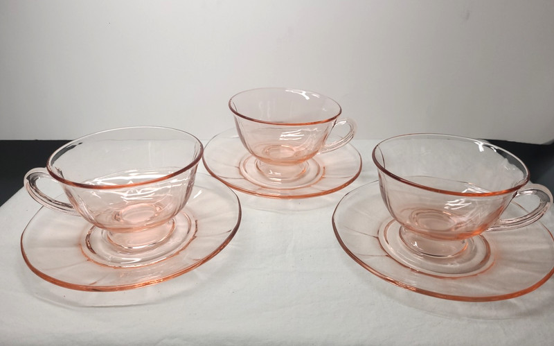 3 Footed Cup & Saucer Sets Fostoria Fairfax Pink  2 3/8"  Rose Line 2375