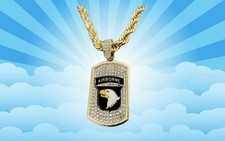 Deluxe Iced Bling Gold CZ 101st Airborne Eagle Dog Tag Chain Paratrooper Unit US
