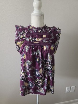 Purple Flutter Sleeve Blouse XS Loft Ruffled Floral Print Casual Cotton Summer