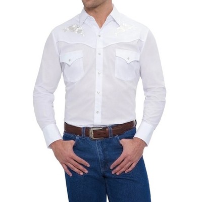 Ely Cattleman Long Sleeve White Western Pearl Snap Shirt W/Rose Embroidery,Large