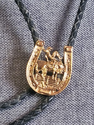 Vintage Western Bolo Tie Cowboy Rodeo Bull Rider Gold Horseshoe Slide Black...