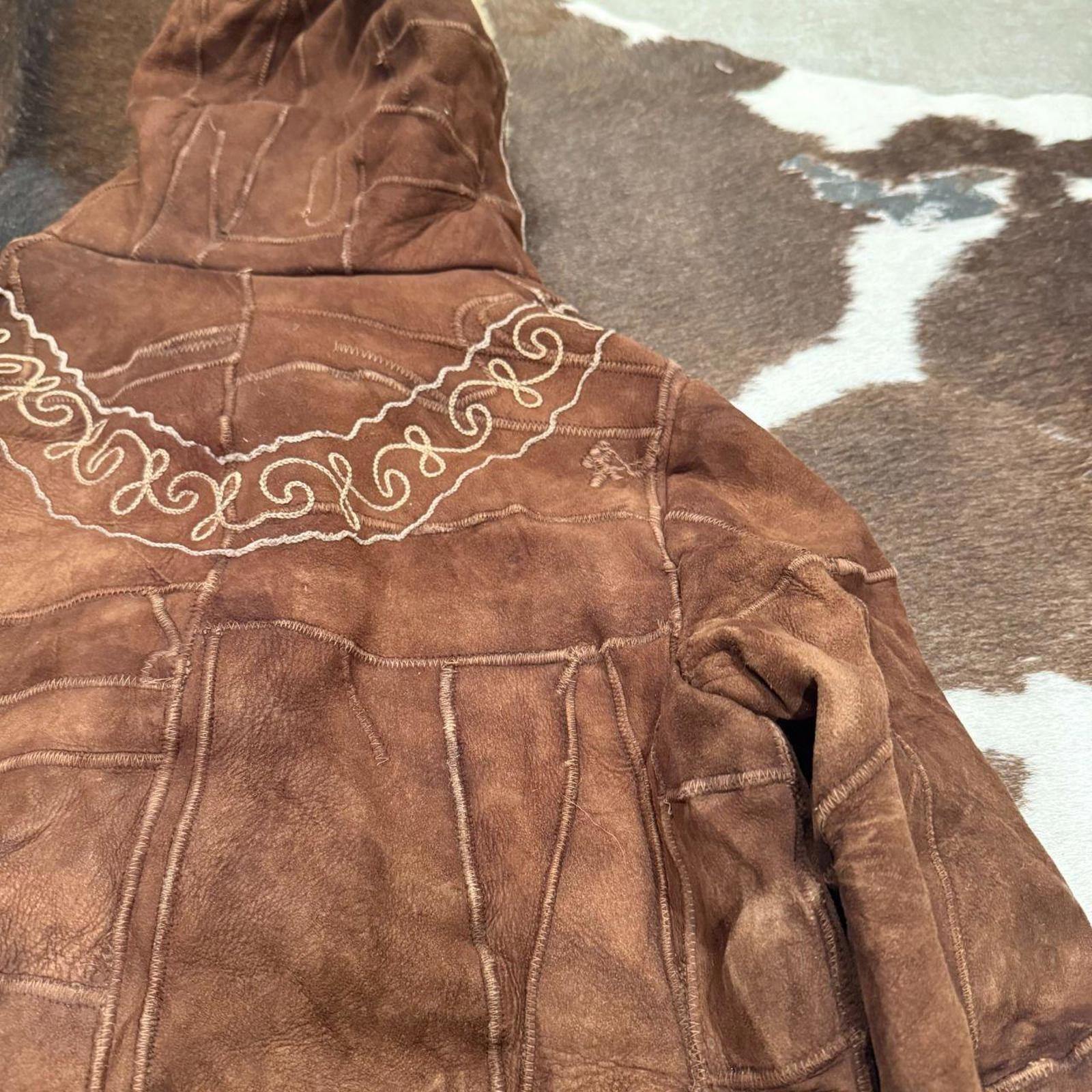 Vintage 70s Embroidered Afghan Coat • Chocolate Brown Patchwork with Shearling 