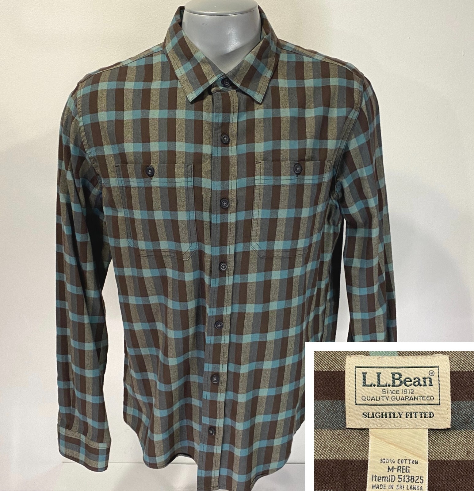 LL BEAN Wicked Soft M Medium Slightly Fitted Flannel Shirt Brown Green Long Slee