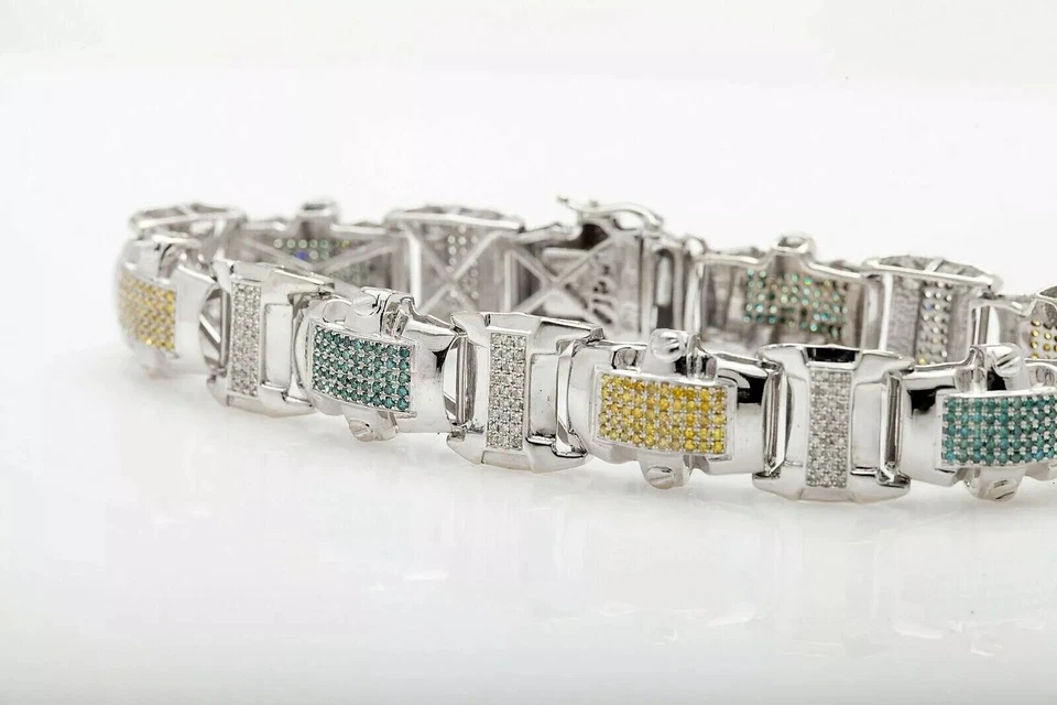 Brazalete para hombre de topacio azul simulado de corte redondo de 15 quilates chapado en oro de plata 925 Foto 4 de 4