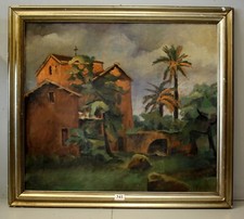 QUADRO OLIO TAVOLA Giovanni Zanetti ROMA TRAMONTO ALBA ANTICO BORGO CHIESA PALME