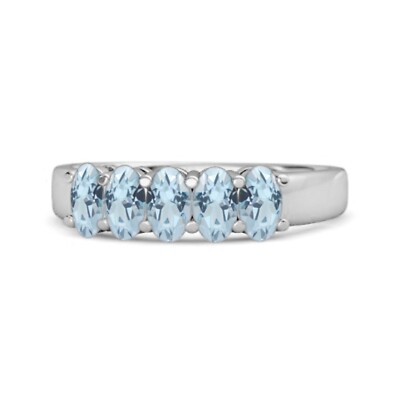 Five Stone 5x3 MM Oval Blue Topaz Half Eternity 925 Sterling Silver Women Ring