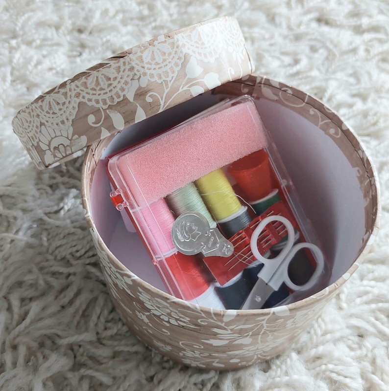 White Lace Round Farmhouse Cottage Sewing Box + Notions Storage Basket