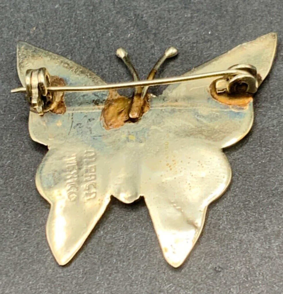 Vintage Abalone Shell Butterfly Pin Alpaca Silver… - image 2