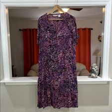 ORVIS Purple Leaf Print Women's Short Sleeve Midi Dress Size L