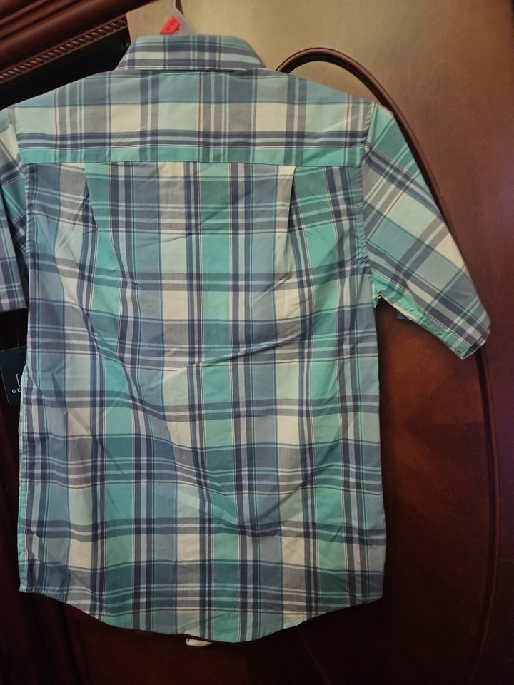Men S Button Down Shirt Blue Plaid Short Sleeve Pocket Classic
