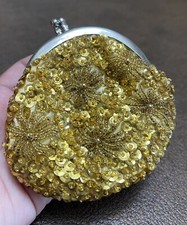 Vintage Small Coin Pouch Beaded Sequins Kiss lock Gold Purse