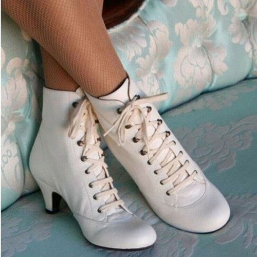 Womens Gothic Kitten Heel Ankle Boots Ladies Vintage Lace Up Booties Shoes Size - Picture 4 of 25