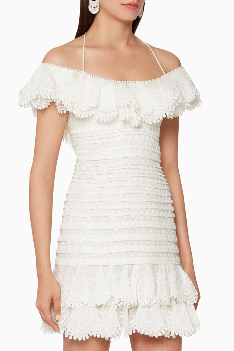 ZIMMERMANN ビスチェミニワンピース レーストリム【関税なし】 NWT. ZIMMERMANN OFF-THE-SHOULDER MINI DRESS IN IVORY ZIM 1