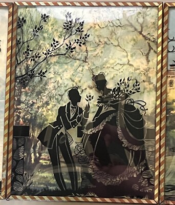 3 Vintage Convex Bubble Glass Reverse Painted Silhouette Picture 8