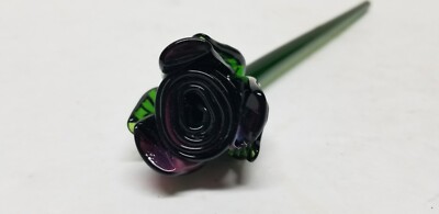 ART GLASS AMETHYST PURPLE ROSE BUD LONG STEM GLASS FLOWER 12''