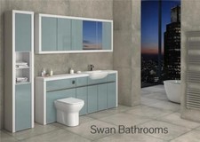 WHITE / METALLIC BLUE GLOSS BATHROOM FITTED FURNITURE WITH WALL UNITS 2400MM
