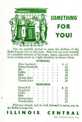 ILLINOIS CENTRAL RR - SOMETHING FOR YOU. BUFFET-LOUNGE CAR MENU - 7/1965