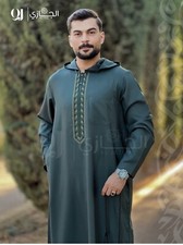 Aljazi Moroccan Thobe for Men with hat, High Quality, dark green FAST SHIPPING