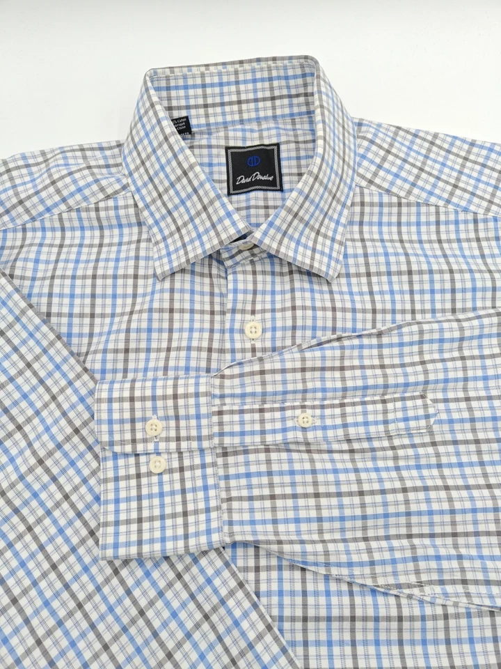 🇺🇲 Camisa de vestir David Donahue para hombre 16,5x35 azul gris a cuadros 100 % algodón  Foto 2 de 4