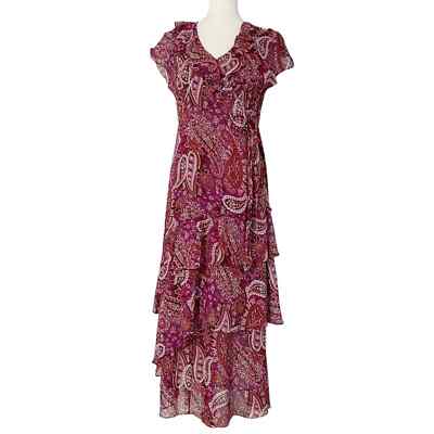 Sundance 100% Silk Maroon Paisley Ruffle Flutter Tier Maxi Dress | eBay